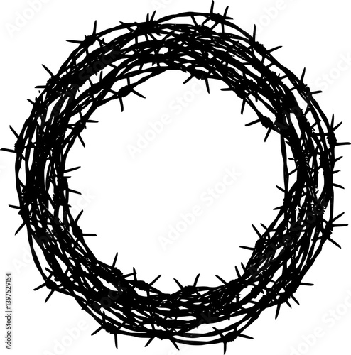Thorny Branch Gothic Wreath collage element on transparent background, Branch with thorns gothic round frame punk y2k collage element, Gothic barbed wire wreath grunge photocopy magazine clipping isol