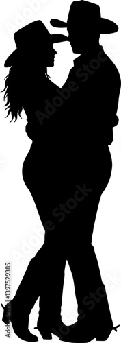 Silhouette of a couple in cowboy hats line dancing. set
