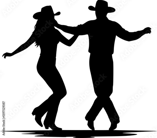 Silhouette of a couple in cowboy hats line dancing. set
