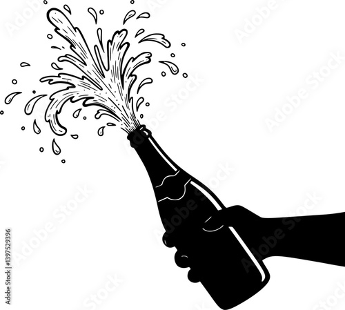 Champagne bottle with exploding drink in a hand drawn illustration vector style
