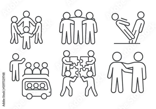 Teamwork and collaboration icon set: 6 linear icons for group activities and team building