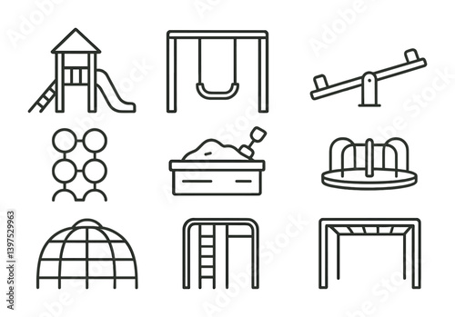Linear playground icons set: swings, slides, and more for kids' activity areas