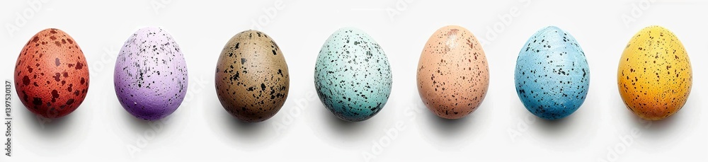 Six Easter eggs, each in different colors and textures, arranged side by side on a white Six Easter eggs, each in different colors and textures, arranged side by side on a white
