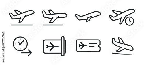 Linear travel icons set: airplane, ticket, boarding, and more in simple design