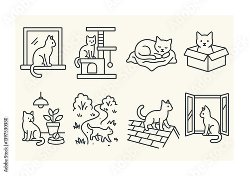 Linear icon set: cats in various home and outdoor settings