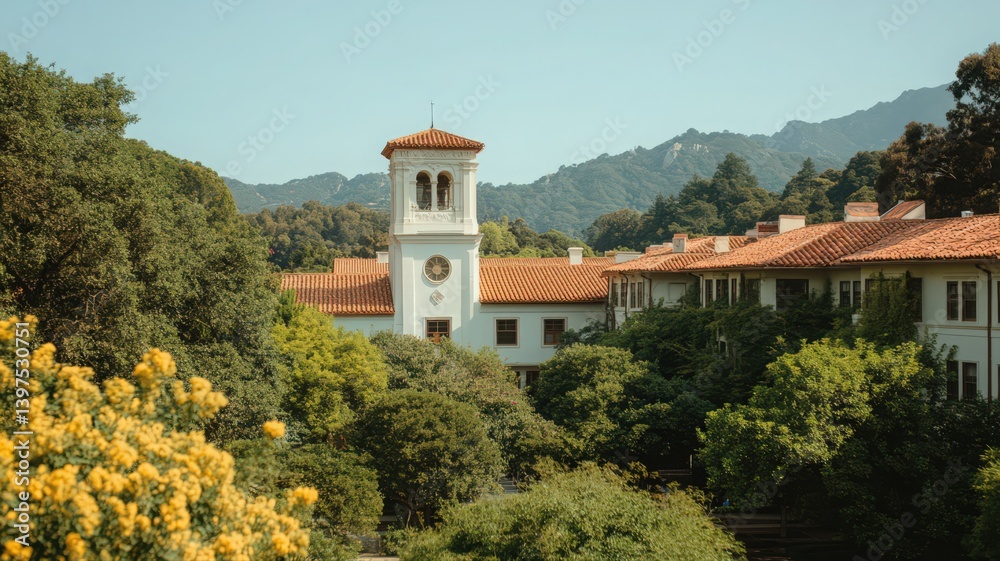 White Building with Red Tile Roof Amidst Lush Greenery and Mountains