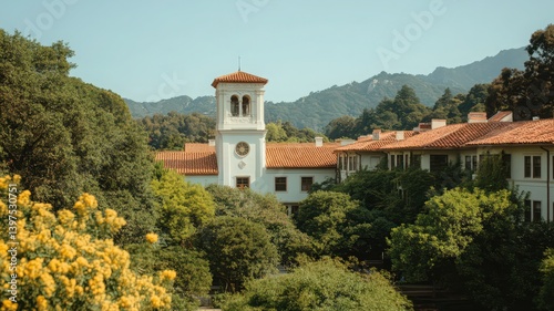 Obraz na płótnie White Building with Red Tile Roof Amidst Lush Greenery and Mountains w salonie