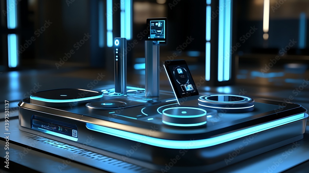 Innovative wireless charging station with sleek design and glowing lights high resolution picture