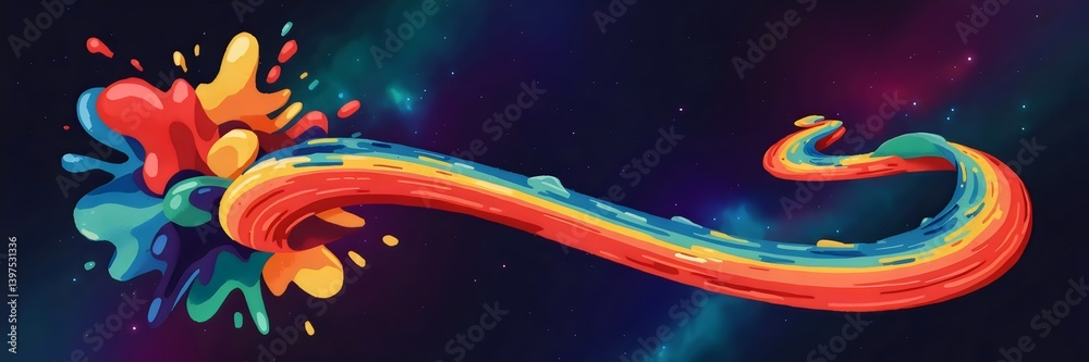 Fototapeta premium Digital illustration of vibrant paint explosion forming a fluid, swirling path against a cosmic backdrop – Ideal for energy, movement, and creative storytelling.