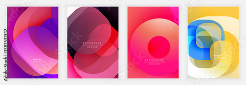 Abstract backgrounds feature overlapping circles, vibrant gradients. Modern designs utilize color transitions, creating dynamic visual effects. Minimal text present.