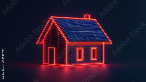 Neon Outline of Modern House with Solar Panels on Roof in Dark Background