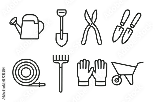 Essential gardening tools icon set: linear style for outdoor projects