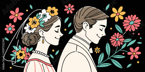 Vector watercolor illustration very cute wedding couple married with flowers colorful isolated on white background clip art vector illustration.