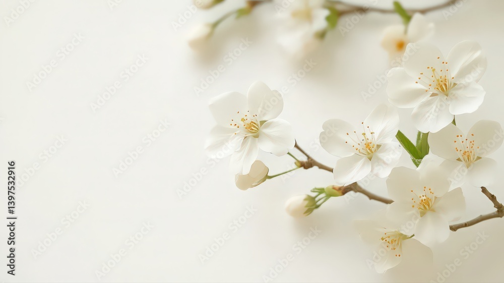 White Cherry Blossoms on a Branch in Full Bloom Against a Soft White Background in Spring Season
