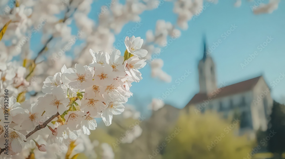 White Cherry Blossoms and Church Steeple Under a Spring Sky