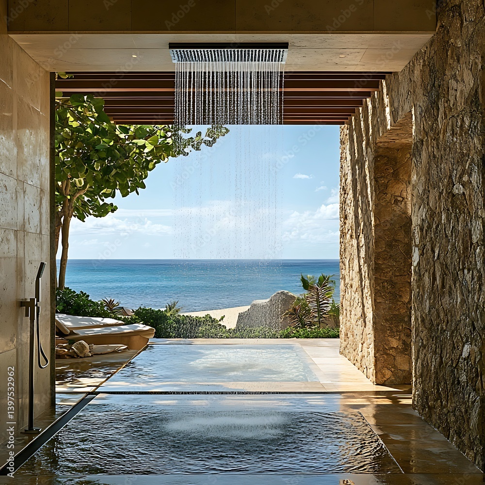 Luxurious outdoor shower with tropical plants and stunning ocean view high resolution picture
