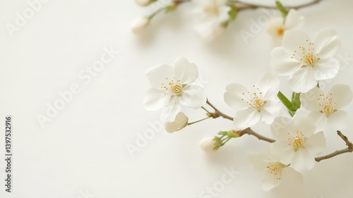 Obraz na płótnie White Cherry Blossoms on a Branch in Full Bloom Against a Soft White Background in Spring Season w salonie