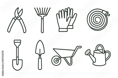 Linear garden tools icons set: pruners, rake, gloves, hose, shovel, trowel, wheelbarrow, watering can