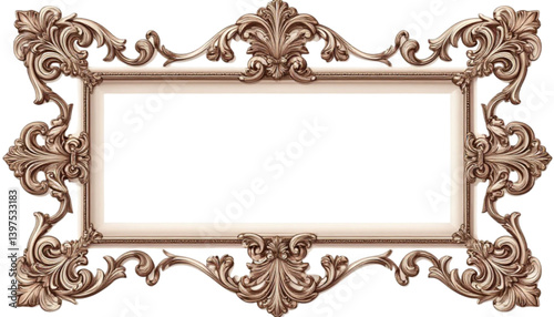 Close-up ornate Baroque Rococo rectangular frame in cream and bronze isolated on black with copy space