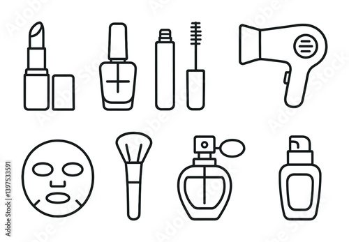Essential beauty tools icons set: linear style collection for makeup and grooming