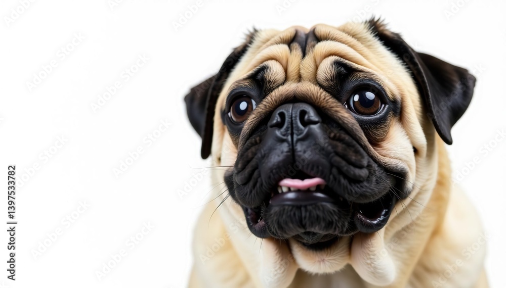 Obraz premium Close-up of a pug's face, ears, and wrinkles, isolated, pet photography, brown