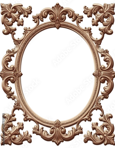 Close-up ornate oval Baroque Rococo gilded frame in bronze-gold for template design with copy space