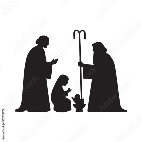 Flat Christmas nativity scene silhouette on white background.