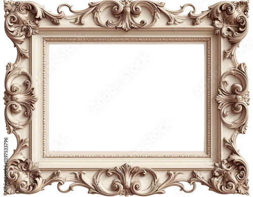 Large ornate Rococo style picture frame in off-white representing antique classical design [with copy space]