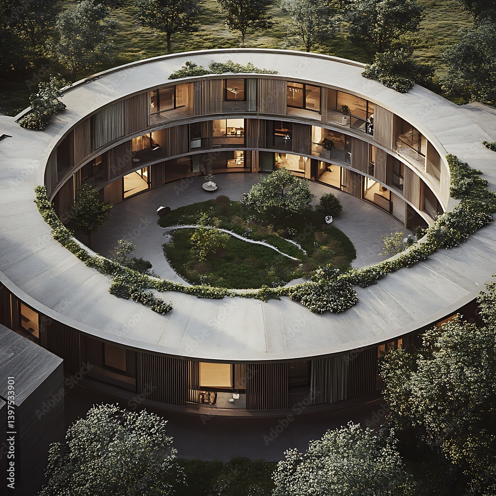 Modern circular architecture with interior garden spaces high resolution image