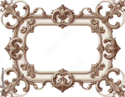 Ornate Rococo style rectangular picture frame in off-white and gold for framing art [with copy space]