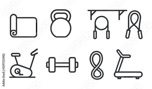 Linear fitness icon set: yoga, kettlebell, pull-up, jump rope, exercise bike, dumbbell, treadmill