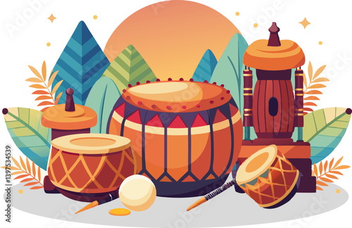Drums and percussion Baisakhi festival on white background.
