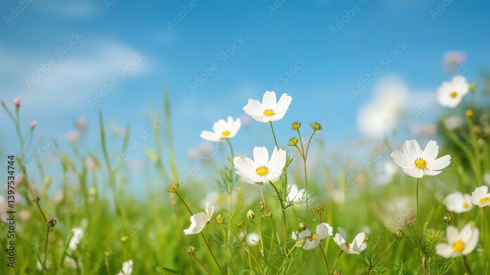 White Cosmos Flowers in a Sunny Green Field