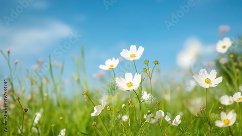 Obraz na płótnie White Cosmos Flowers in a Sunny Green Field w salonie