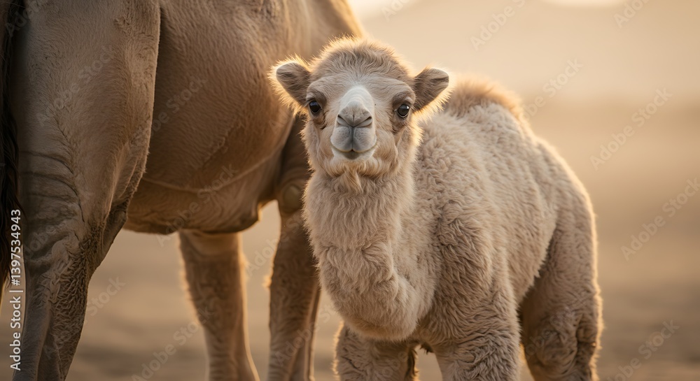Fototapeta premium Cute Baby Camel Standing Next to Mother in Desert Light