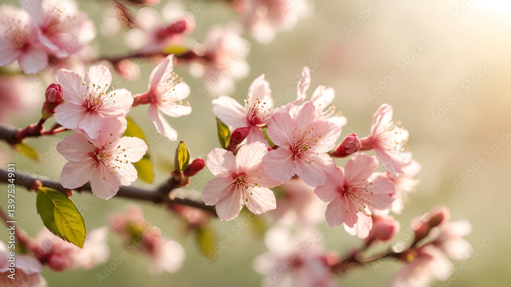Beautiful pink cherry blossoms bloom on a branch, a floral delight of spring nature, Generative AI Beautiful pink cherry blossoms bloom on a branch, a floral delight of spring nature, Generative AI