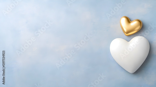 White and gold hearts on a soft blue background representing love and affection, perfect for romantic themes and celebrations, love concept