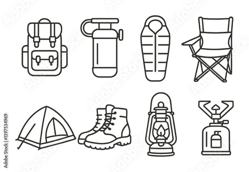 Camping essentials icon set: linear style for outdoor adventures