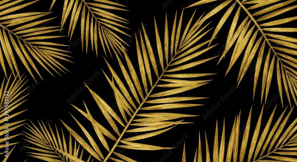 Golden Palm Leaves Botanical Design - Elegant gold palm leaves on a black background. Symbolizing luxury, nature, growth, tropics, and sophistication