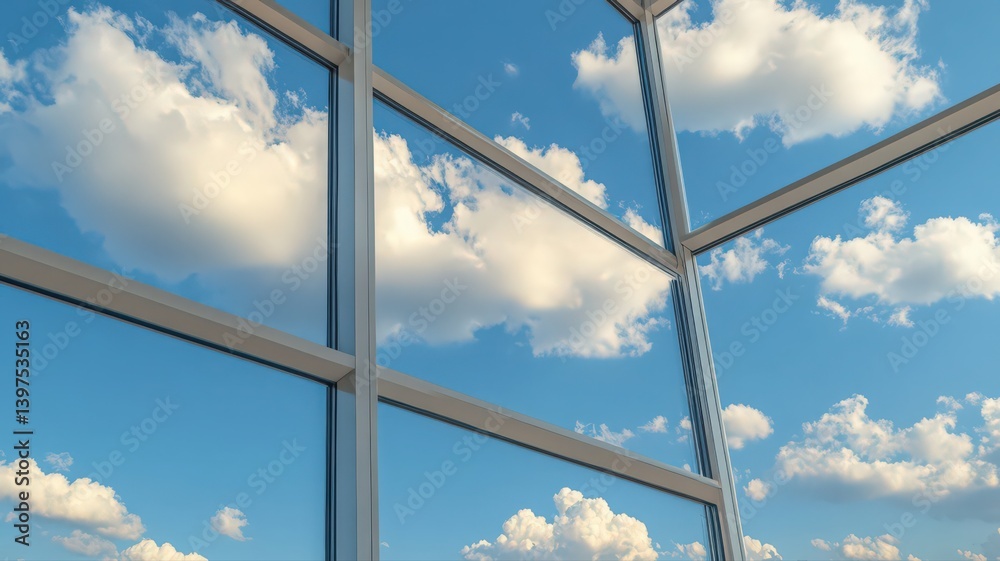 White Clouds Against a Blue Sky Viewed Through the Clean Lines of a Window on a Bright Sunny Day in a Peaceful Scene