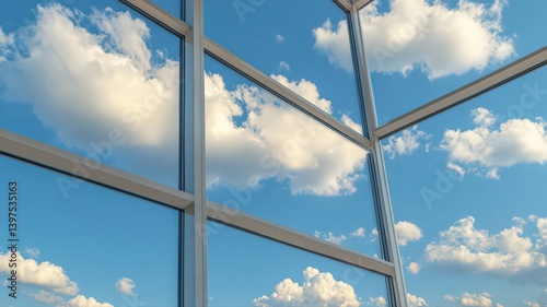 Obraz na płótnie White Clouds Against a Blue Sky Viewed Through the Clean Lines of a Window on a Bright Sunny Day in a Peaceful Scene w salonie