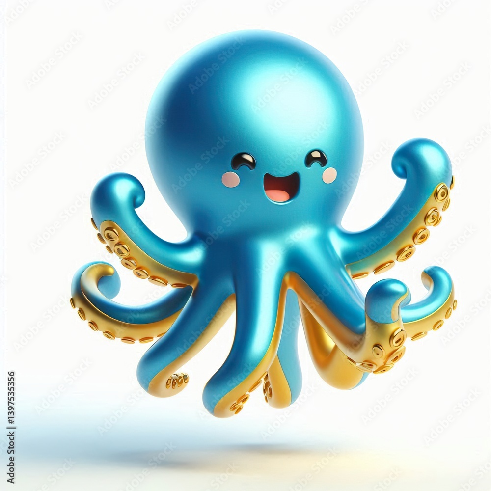 Animated character 3D image of happy blue gold Octopus jumping, cute design, white background Animated character 3D image of happy blue gold Octopus jumping, cute design, white background