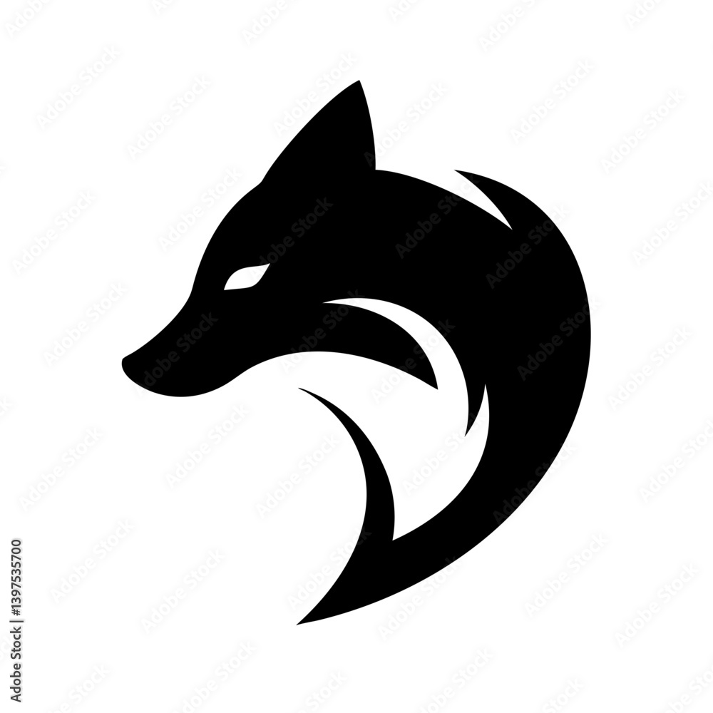 Obraz premium Powerful black silhouette of a stylized fox head logo. A bold, stylized graphic of a fox head, in solid black silhouette against a white background.