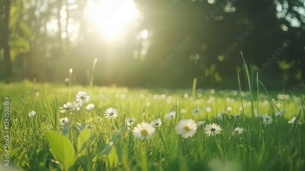 White Daisies in a Green Meadow Bathed in Golden Sunlight Natural Tranquility and Freshness in a Countryside Scenery