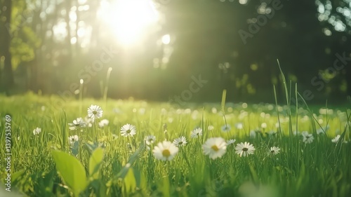 Obraz na płótnie White Daisies in a Green Meadow Bathed in Golden Sunlight Natural Tranquility and Freshness in a Countryside Scenery w salonie