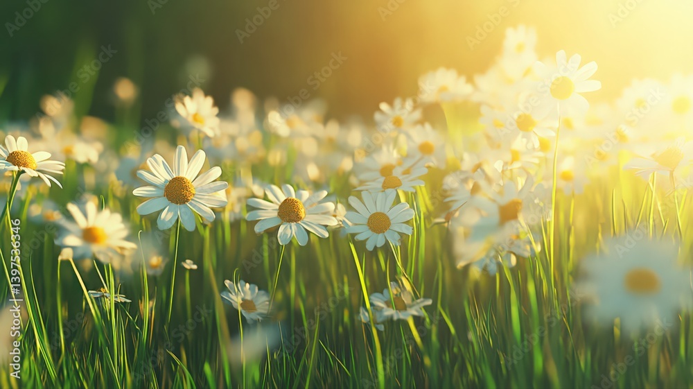 White Daisy Field in Golden Sunlight with Green Grass and Soft Focus Creates a Tranquil Scene of Natural Beauty