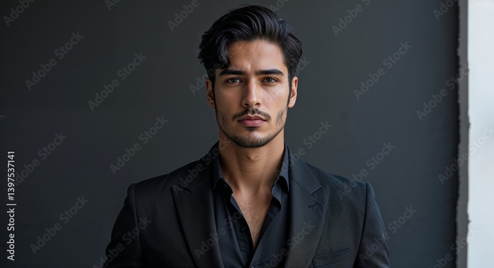 Fototapeta premium latin Hispanic 20s man on black plain bright background modern chic fashion pose model portrait portrait banner with copy space ad concept marketing