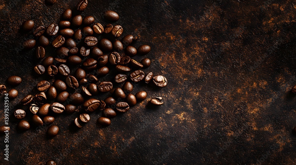A close-up view of roasted coffee beans scattered on a dark surface. A close-up view of roasted coffee beans scattered on a dark surface.
