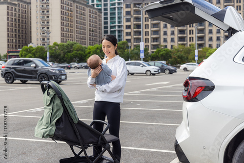 Mother putting baby into stroller from car