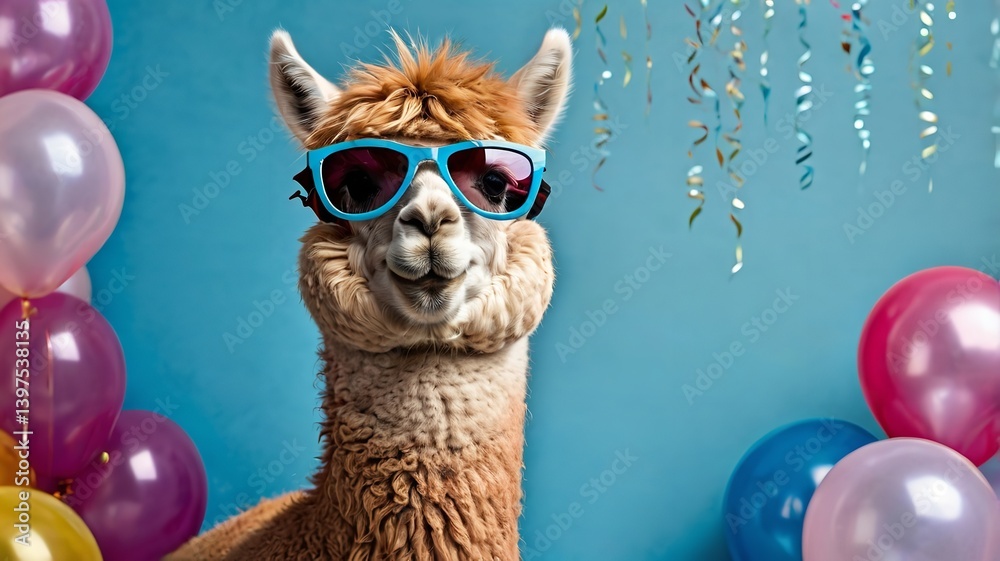 Fototapeta premium Funny Animal Alpaca with Party Hat and Sunglasses on a Blue Background for Birthday Celebration.